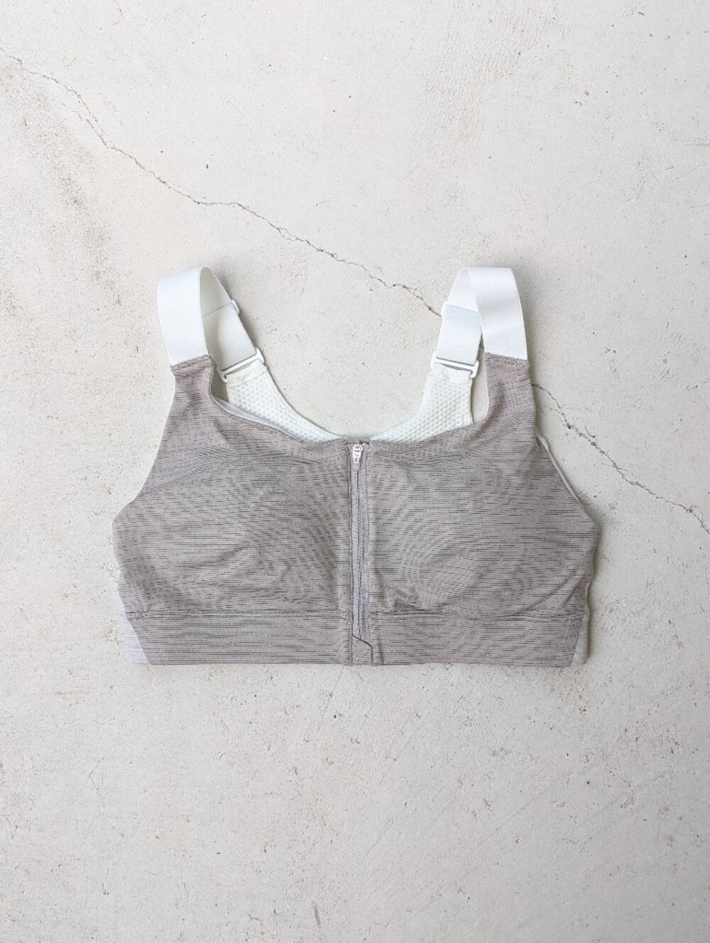 Heathered Tan And Cream Zipper Halter Sports Bra With Mesh Back